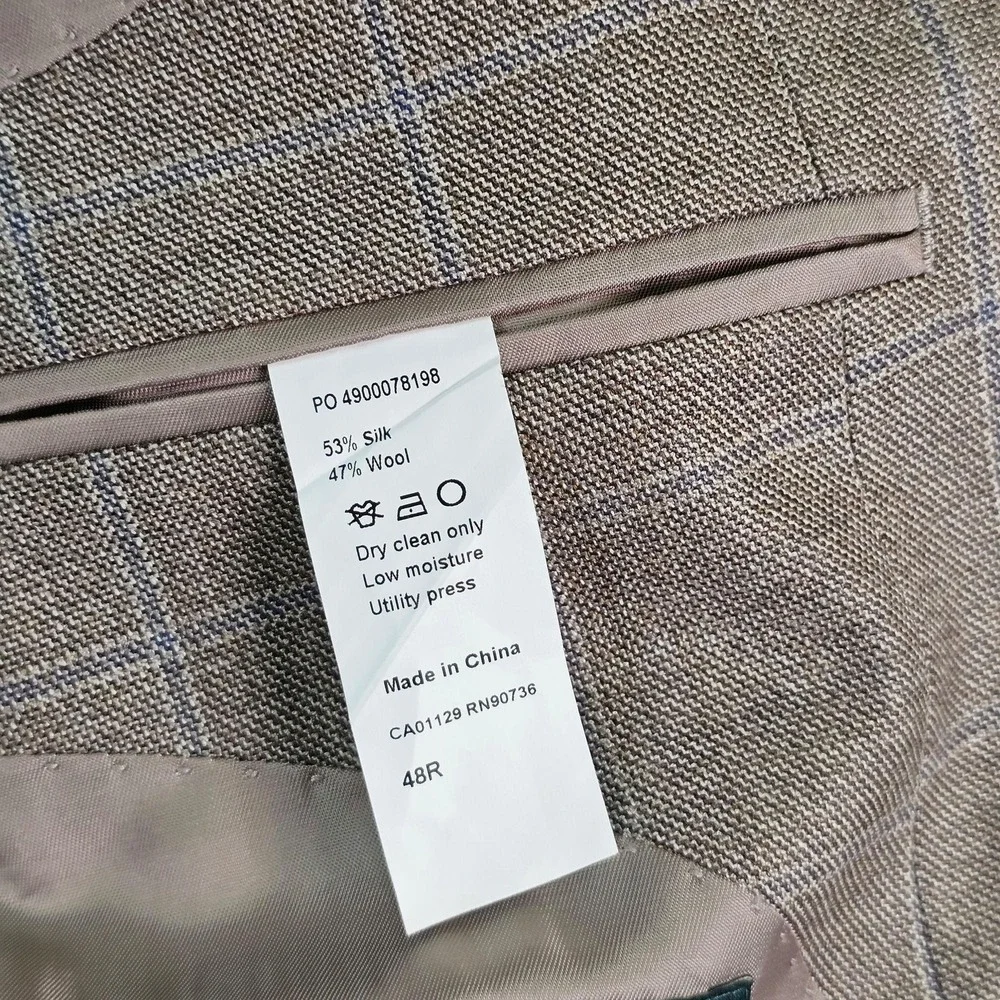 Lauren Ralph Lauren Sport Coat Mens 48R Beige Plaid Silk Wool Classic Fit Blazer